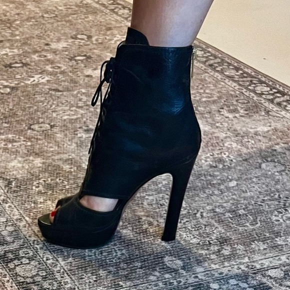 Prada Leather Peep Toe Platform Laced-up High Heel Bootie in Black, EU 37 - Picture 4 of 10